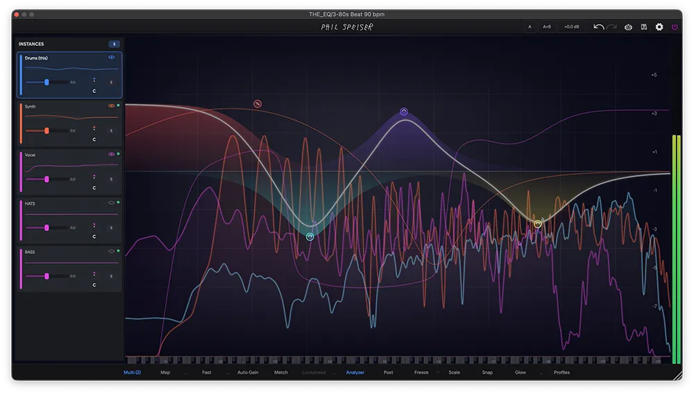 THE_EQ Multi mode showing instances sidebar with all tracks' spectrum analyzers overlaid
