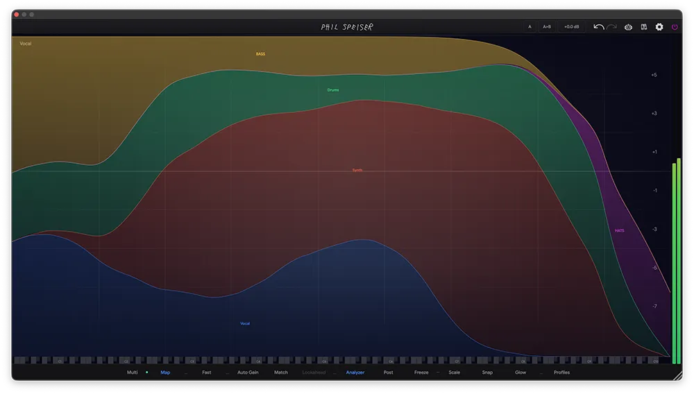 THE_EQ Spectral Allocation Map showing frequency ownership across multiple tracks in a mix