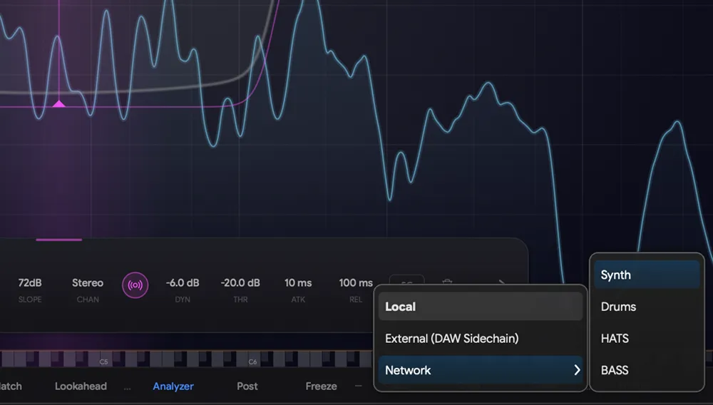 THE_EQ multi-instance sidechain setup with three bands ducked by different instruments