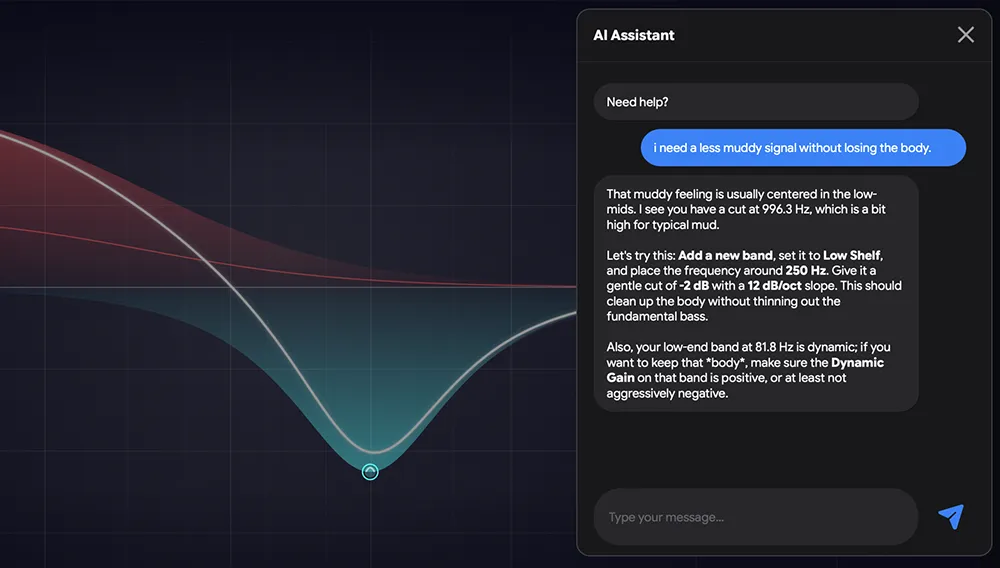 THE_EQ built-in assistant providing contextual feedback on EQ settings
