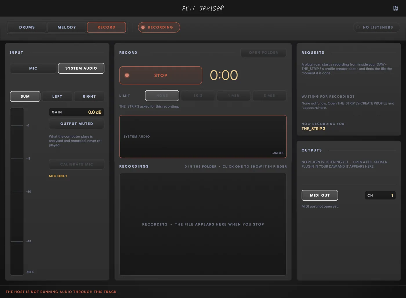 THE_BRIDGE recording: the RECORD tab with SYSTEM AUDIO as the input, a red RECORDING pill and STOP button, the line THE_STRIP 3 asked for this recording, and NOW RECORDING FOR THE_STRIP 3 in the REQUESTS panel