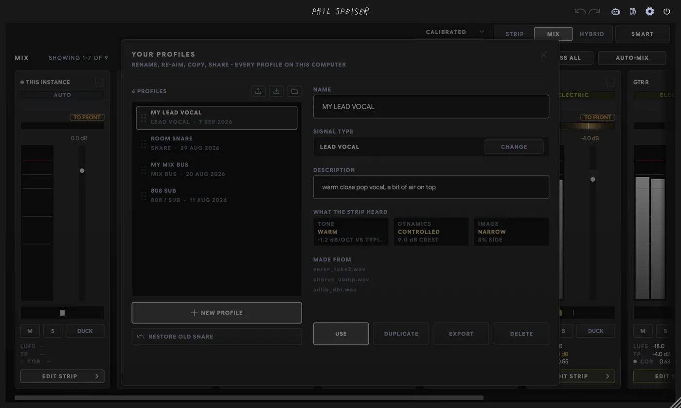 THE_STRIP 3's YOUR PROFILES library: saved profiles on the left, and on the right the selected profile's NAME with its SIGNAL TYPE next to a CHANGE button