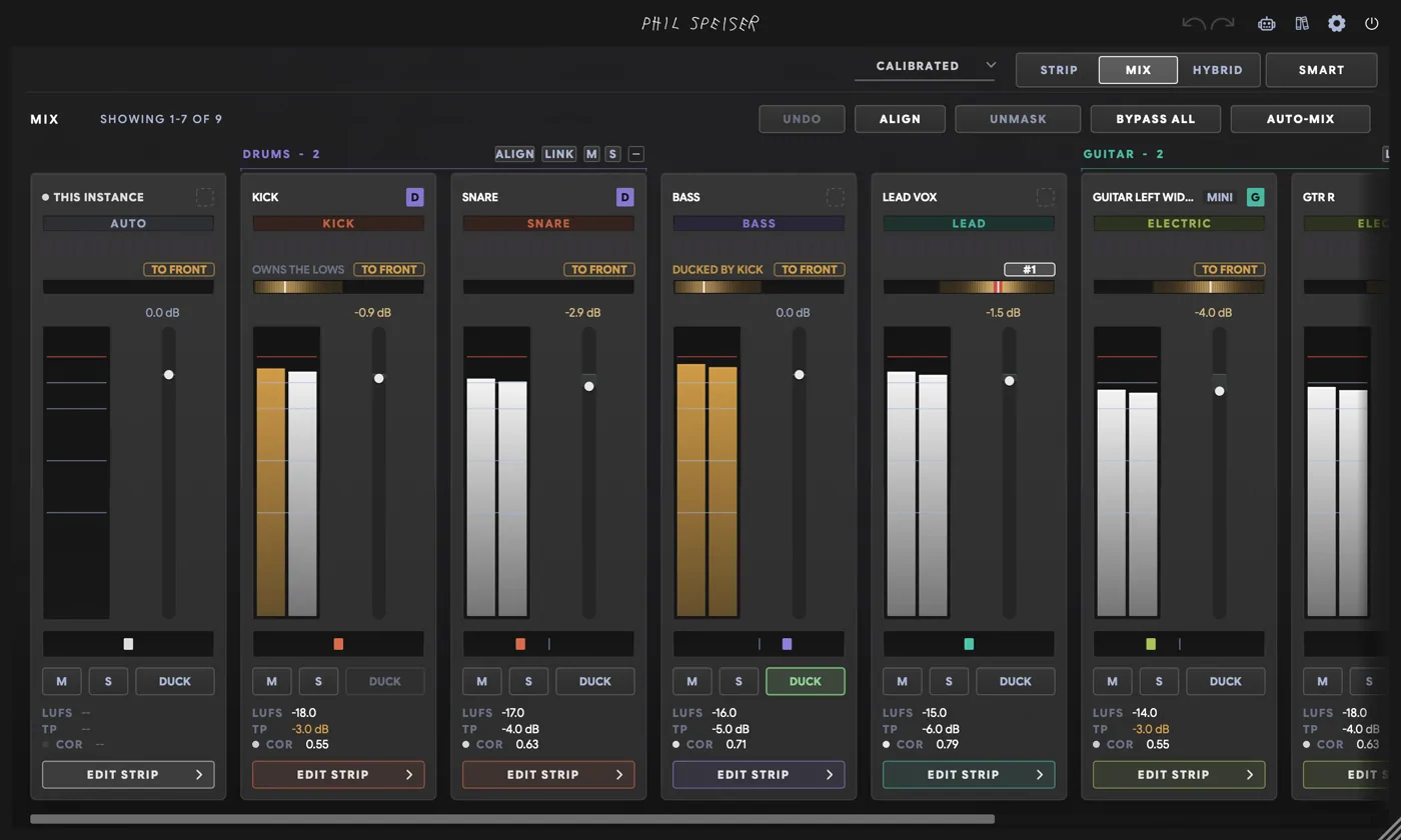 THE_STRIP 3's MIX view: channel cards for KICK, SNARE, BASS, LEAD VOX and two guitars, each wearing its profile on a type chip, with DRUMS and GUITAR group bands above them and AUTO-MIX in the header