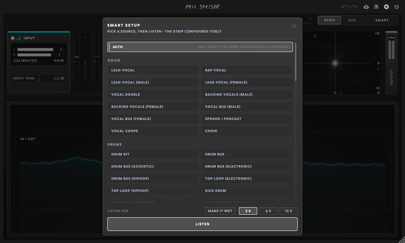 THE_STRIP 3's SMART SETUP panel listing profiles by category: an AUTO row, then VOICE with LEAD VOCAL, RAP VOCAL, BACKING VOCALS, VOCAL CHOPS and CHOIR, then DRUMS, above a LISTEN FOR 3, 6 or 12 second row