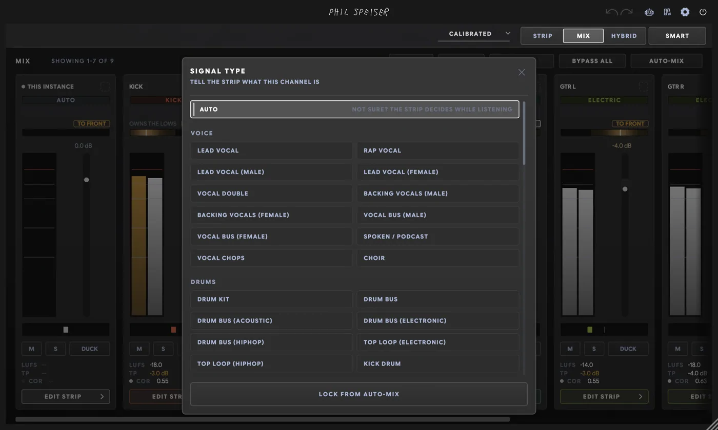 THE_STRIP 3's SIGNAL TYPE picker open on a mixer card, headed TELL THE STRIP WHAT THIS CHANNEL IS, with the AUTO row above the VOICE and DRUMS profiles