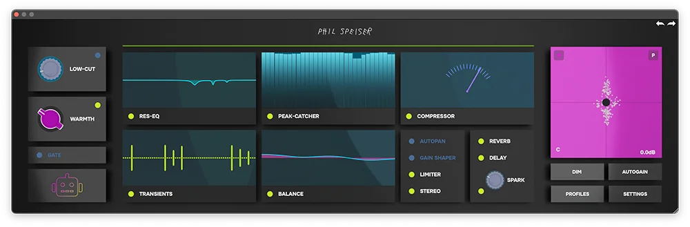THE_STRIP 2 (2025): its rack with a three-band resonance EQ, a peak catcher, a compressor, transients and a balance EQ