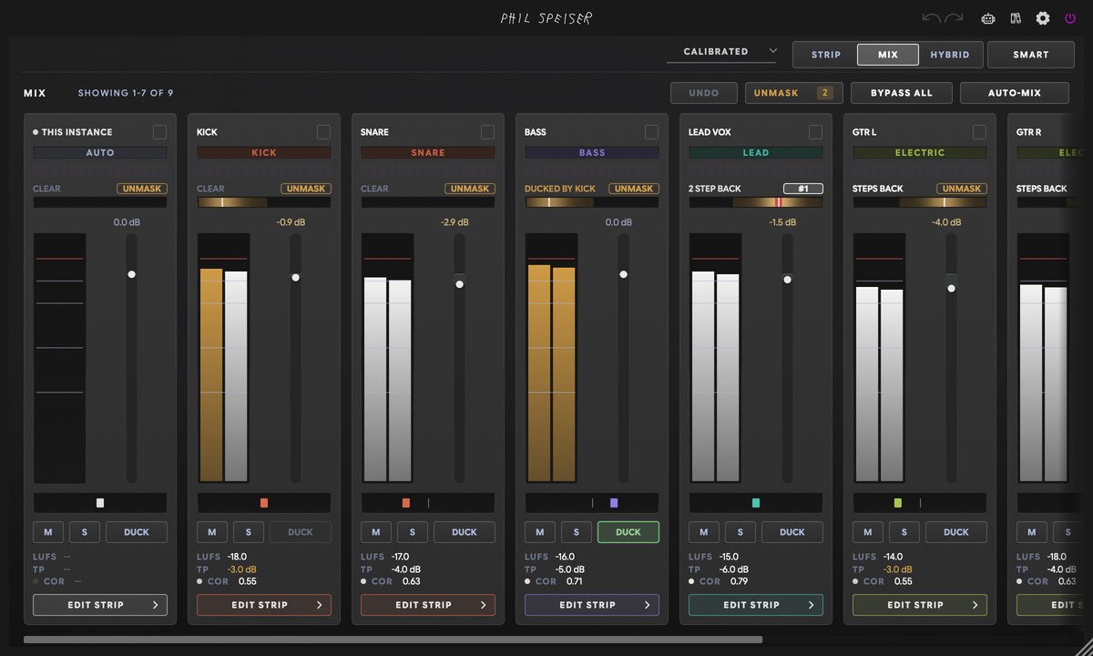 THE_STRIP 3's MIX view: every track in the session as a channel with its fader, meters, UNMASK status and a button to open its whole chain