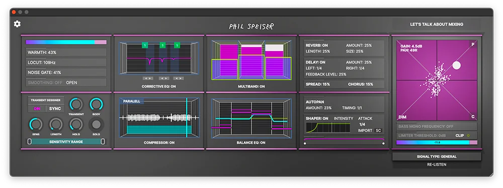 THE_STRIP (2023): one window with a corrective EQ, a multiband, a compressor, a balance EQ, reverb and delay, and an XY pad for level and pan